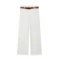 Détails du pantalon blanc taille haute avec une ceinture marron et un ourlet élégant. - XS / Blanc
