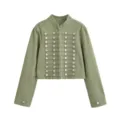 Olive green military denim jacket featuring metallic buttons and stylish cropped length fit. - XS / Tops / Army Green
