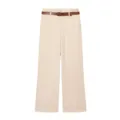 Pantalon de costume femme beige taille haute droit avec ceinture marron et ourlets retournés. - XS / Blanc Cassé
