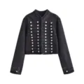 Black denim jacket detail, mandarin collar, military style metal buttons and braided trim. - XS / Tops / Black and Gray