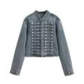 Stylish cropped denim jacket with military style metal buttons and classic blue wash. - XS / Tops / Blue