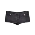 Dark wash denim hot pants detail, low waist design with stylish silver metal decorative buttons. - XS / Bottoms / Black and Gray