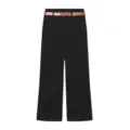 Détails rapprochés de pantalon noir taille haute pour femme avec une ceinture marron élégante. - Noir