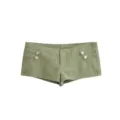 Olive green denim shorts detail, featuring decorative side straps and metallic buttons. - XS / Bottoms / Army Green