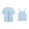 Hellblaues Strick-Zweiteiler-Set, Kurzarm-Cardigan und passendes Tanktop mit Metallic-Garn. - S / Set / Blau
