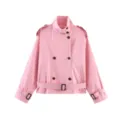 Pink cropped trench coat detail, high collar, double-breasted buttons, and waist belt. - XS / Pink