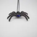 Halloween flocked spider hanging decoration with blue rhinestones and rope scary toy. - Gray Style with Blue Rhinestone Eyes / 1 Piece