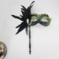Masquerade half-face mask with black feathers, green glitter, rhinestones and handheld stick. - Green Black Glitter Handheld Mask (1)