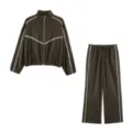 Women casual contrast piping stand collar jacket and trousers tracksuit set detail. - S / Top And Bottom / Brown
