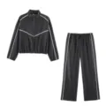 Womens tracksuit two piece set stand collar zip jacket and wide leg pants activewear - S / Top And Bottom / Black