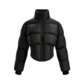 Detailansicht der schwarzen Damen Steppjacke mit hohem Kragen, Frontreißverschluss und Steppdesign. - XS / Oberteile / Schwarz