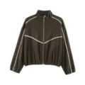 Veste zippée marron foncé à col montant avec bandes contrastées blanches et finitions. - S / Hauts / Marron