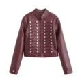 Women's burgundy faux leather military jacket with decorative knots and silver buttons. - XS / Tops / Burgundy