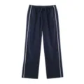 Casual blue wide leg pants with white side stripes and comfortable elastic drawstring waist. - S / Bottoms / Dark Blue