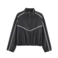 Veste zippée décontractée pour femme col montant couleur contrastée avec passepoil - S / Hauts / Noir