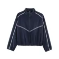 Veste femme col montant couleur contraste fermeture éclair mode streetwear chic casual - S / Hauts / Bleu foncé