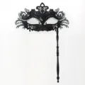 Maschera di carnevale veneziana nera con manico e strass splendenti per la festa. - Coda di fenice portatile - Nero