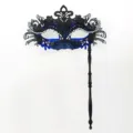 Maschera Veneziana Nera Blu Maschera da Festa Mezzo Volto Tenuta in Mano con Strass - Coda di fenice portatile - Blu e nero