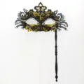 Maschera veneziana nero oro con manico, maschera mezza faccia con strass per feste. - Coda di fenice portatile - oro nero stile A