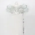 Elegante maschera veneziana con manico, maschera da festa mezza faccia con strass argento. - Coda di fenice manuale - Bianco