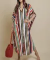 Colorful vertical striped beach dress caftan cover up batwing sleeve summer holiday dress - One Size / Dresses / Colorful Stripes