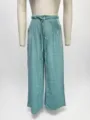 French vintage casual high waist drawstring cotton women summer straight wide leg trousers blue - Cyan