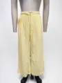 Pale yellow cotton drawstring wide-leg pants for women, comfortable straight fit casual style. - Yellow