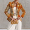 Orange plaid women blazer elegant lapel long sleeve jacket with white pants fashion set - XS / Tops / Orange Yellow