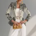 Elegant printed women blazer jacket with lapel and long sleeves for professional style. - XS / Tops / Khaki