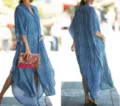 Blue and white striped beach maxi dress, batwing sleeve cardigan, vacation resort wear. - One Size / Dresses / Blue White Stripe
