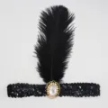 Vintage 1920s black feather headband sequin flapper headpiece for party costume dress up. - Black Sequined Feathers - White