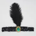 Vintage 1920s flapper feather headband black sequin hair accessory with green gem piece. - Black Sequined Feathers - Green