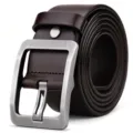 Men's brown leather belt with brushed silver square pin buckle, casual everyday wear accessory. - Black Slide Buckles
