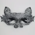 Masque de demi-visage en dentelle oreille de chat sexy pour halloween bal masqué fête adulte - Style Oreilles de Chat Patchwork Noir Argent (3)