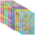 Vue détaillée d'autocollants holographiques pailletés alphabet et chiffres, colorés et adhésifs. - Lot de 6