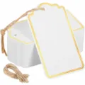 Étiquettes cadeaux en papier vierge avec bordure dorée et ficelle pour mariage bricolage - Cartes cadeaux rectangulaires en feuille d'or avec cordons / 10 cartes + 10 cordes de chanvre (22,5 cm)