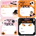 Vue détaillée de jolis stickers d'Halloween avec des fantômes, citrouilles et textes. - Lot de 15 feuilles (4 autocollants par feuille) / Autocollants pour sacs cadeaux d'Halloween