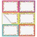 Colorful blank name label stickers sheet, DIY party decor, assorted polka dot border tags. - 10 Sheets