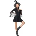 Dettaglio di un costume da strega gotica con belle maniche in pizzo e cappello nero. - Taglia S / Set / Nero