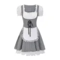 Black and white gingham dirndl maid dress, cute cosplay costume with short puff sleeves. - Black