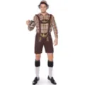 Detailed view of traditional men Oktoberfest costume shirt and lederhosen with embroidery. - M / Top And Bottom / Brown Blue Plaid