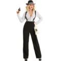 Dames 1920s gangster kostuum set met krijtstreep shirt broek en stijlvolle bretels nu - M / Set / Zwart-witte Strepen