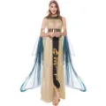 Detailed view of the Egyptian Cleopatra cosplay costume, featuring gold dress, cape, and headdress. - M / Dresses / Gold