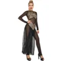 Greek Egyptian goddess cosplay costume detail view showing black mesh long sleeve bodysuit. - One Size / Dresses