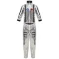 Silver astronaut spacesuit detail, featuring reflective material, patches, and zippers. - M / Jumpsuits / Women