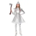 Detailed view of the silver metallic Tin Man costume set with hat and prop axe for events. - M / Top And Bottom