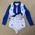 Blue and white star cheerleader costume set detail showing the top, belt, and shorts. - XS / Top And Bottom / Real Photo Effect Blue White