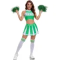 Green and white cheerleader costume detail showing crop top, pleated skirt and matching pom poms - S / Set / With Pom Poms and Socks / Green