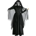 Halloween ghost bride costume detail showing black tiered gown, veil and candle prop. - M / Dresses / Black (19032)