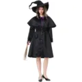 Halloween witch costume set featuring black cape dress, pointy hat and prop broom for cosplay. - M / Set / Black